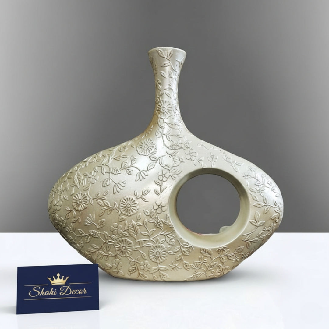 Antique Cream Floral Abstract Doughnut Vase