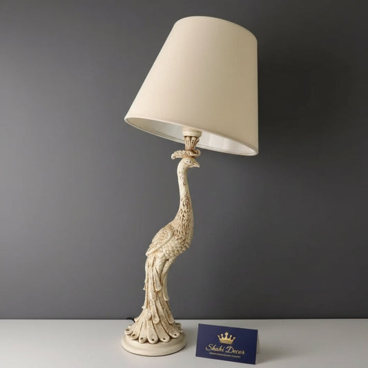 Antique Cream Peacock Sculptural Table Lamp