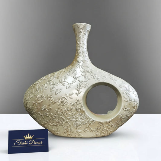 Antique Cream Floral Abstract Doughnut Vase