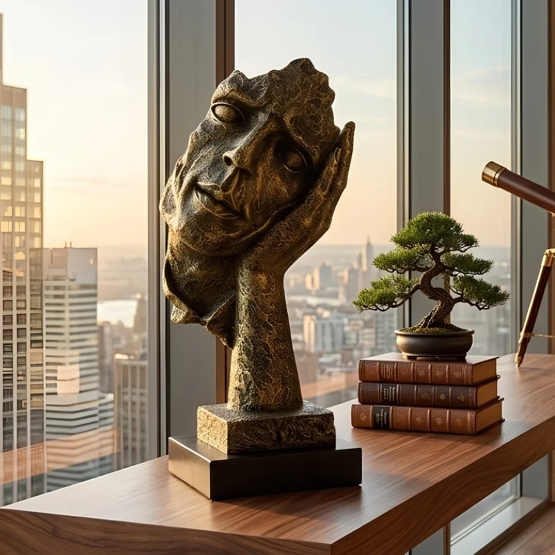 bronze-abstract-face-home-decor-2.webp Abstract Face Statue Antique Gold Finish - Image 1