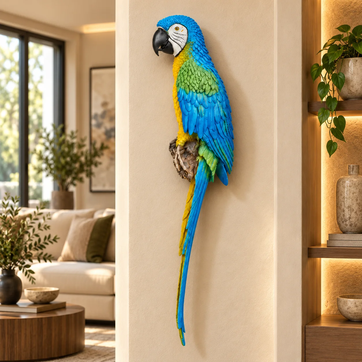 colorful-parrot-wall-sculpture-2-2.webp Parrot Wall Figurine Blue Green Finish - Image 1