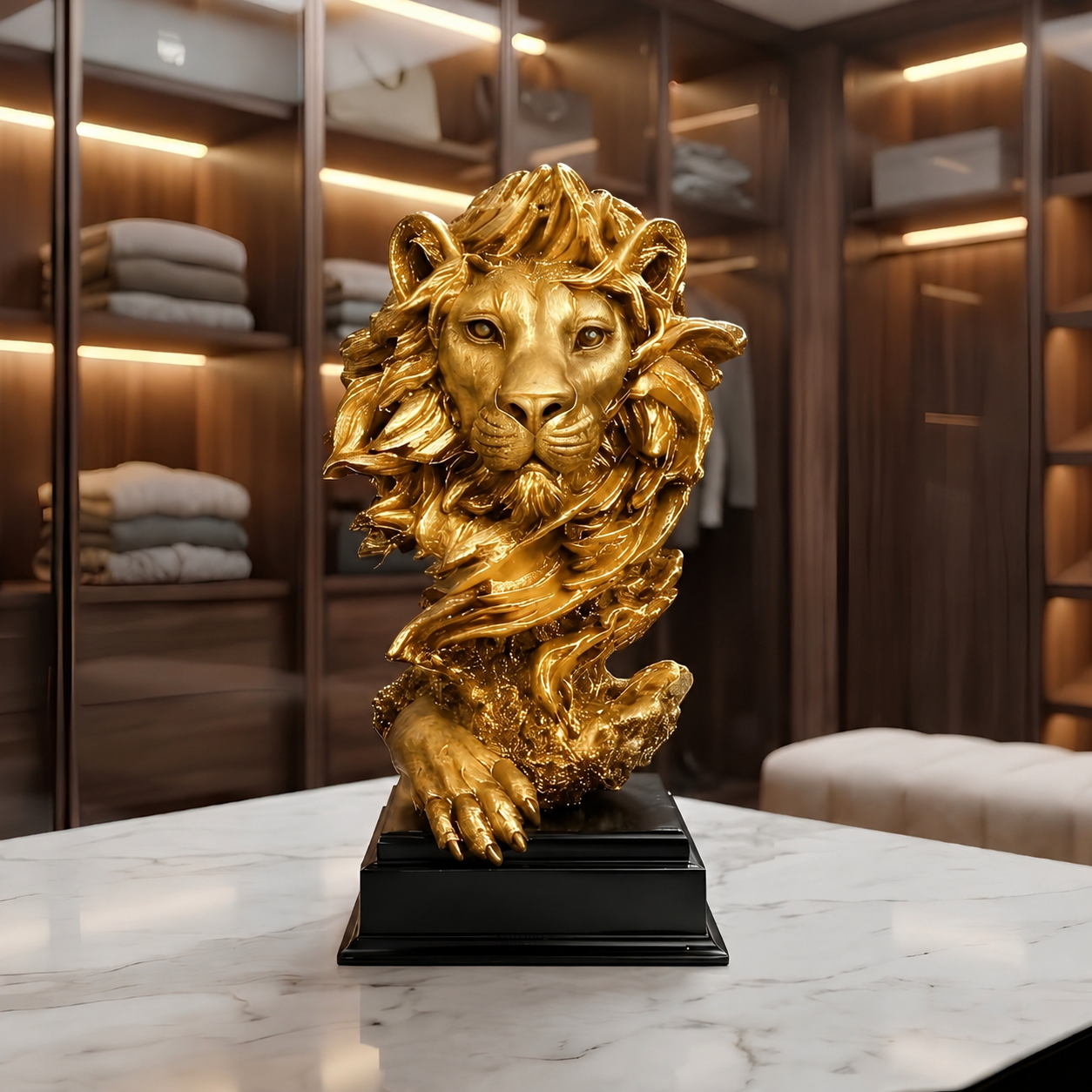 golden-lion-head-bust-sculpture-2.png Lion Head Statue Golden Finish - Image 1