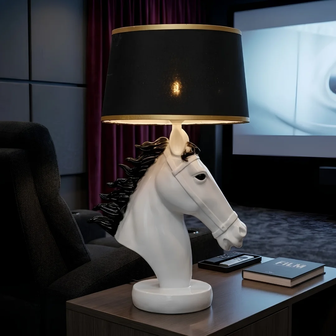 horse-sculpture-lamp-with-black-shade-2.webp Horse Head Lamp White and Black - Image 1