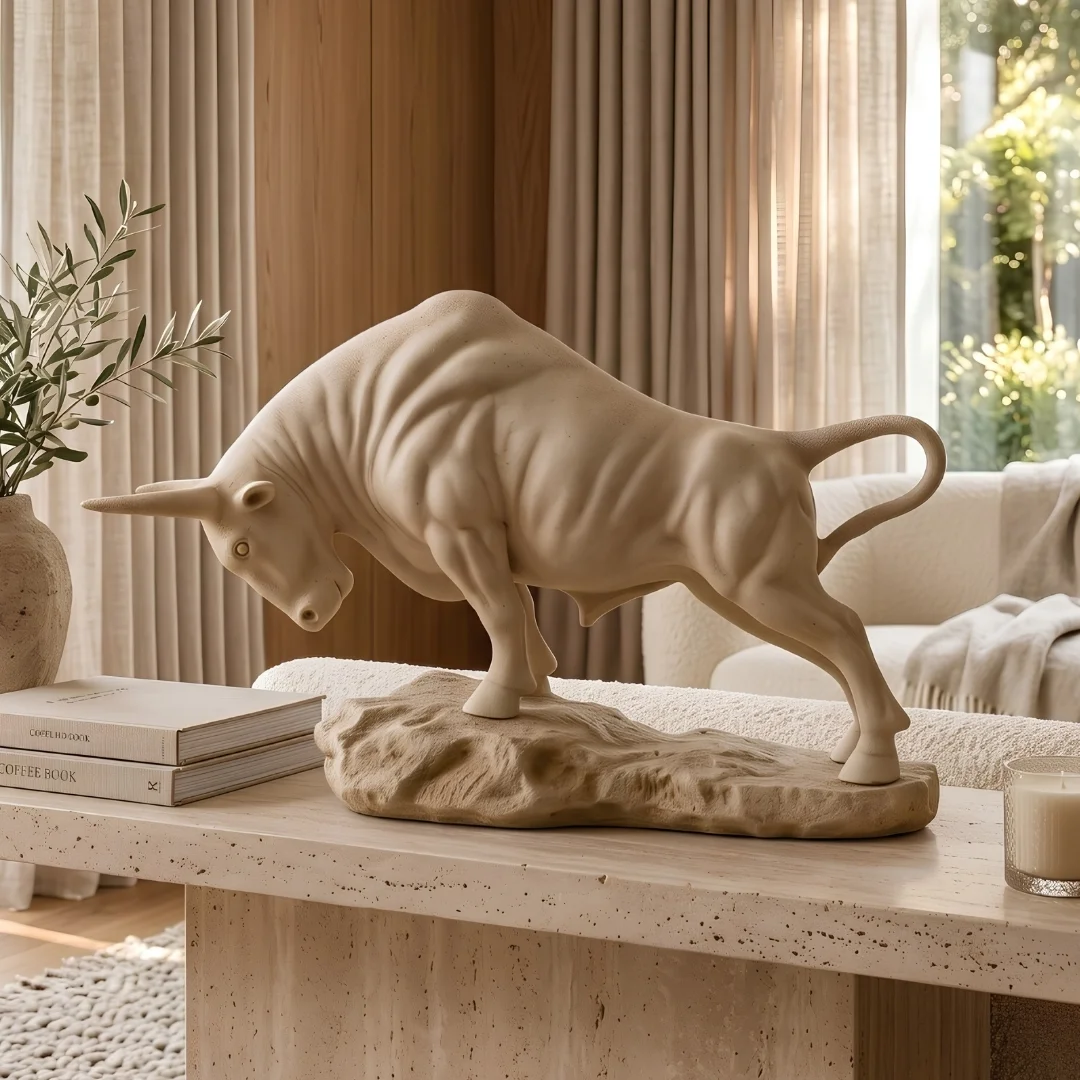 luxury-bull-showpiece-for-home-2.webp Charging Bull Sculpture Sandstone Finish - Image 1