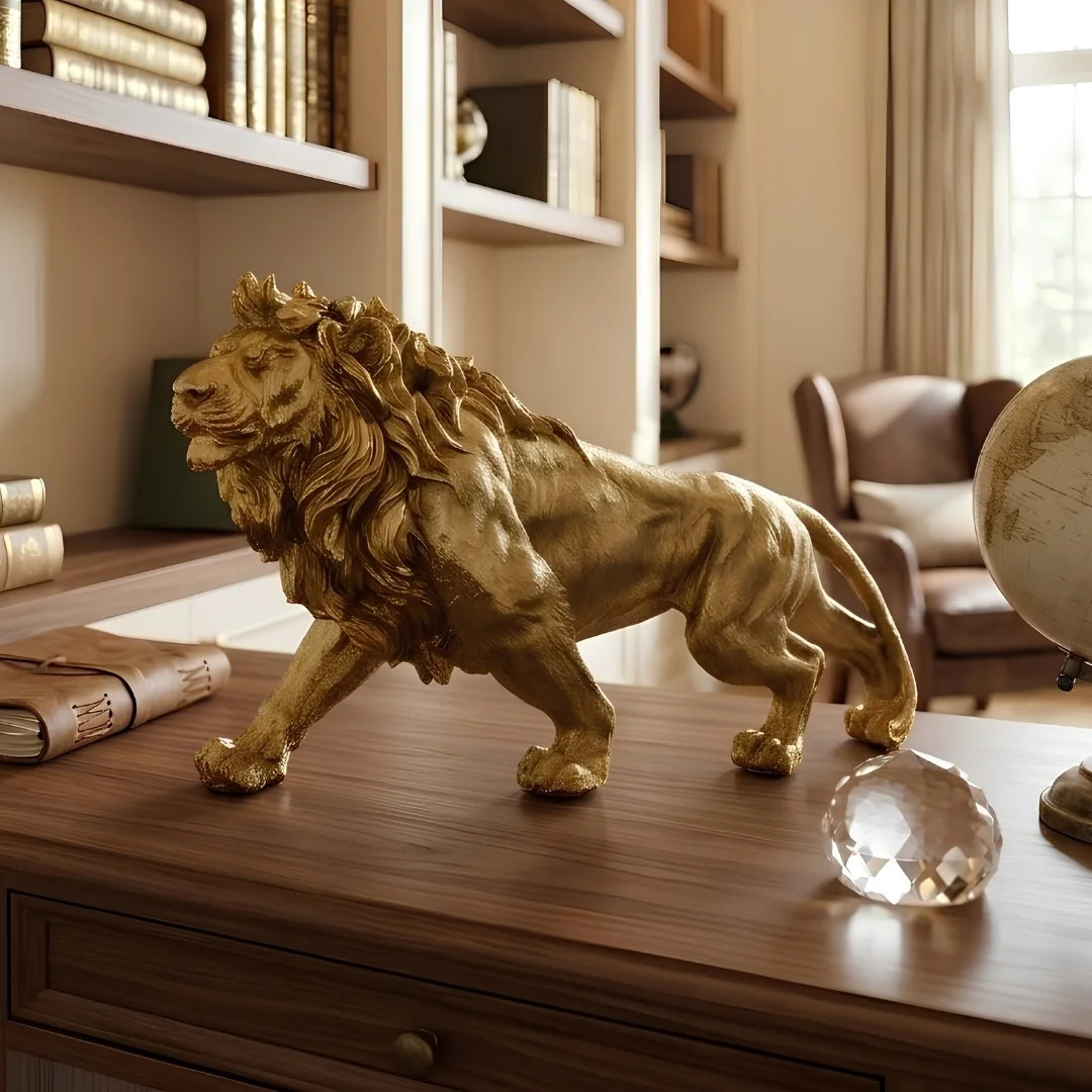 majestic-golden-lion-decoration-piece-2.webp Lion Statue Figurine Golden Finish - Image 1