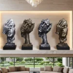 Abstract Face Sculpture 4-Piece Silver Bronze