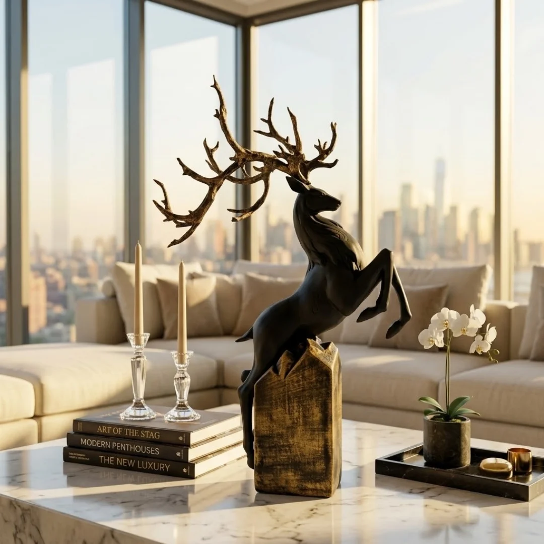 rearing-stag-sculpture-2.webp Rearing Deer Statue Black and Gold - Image 1