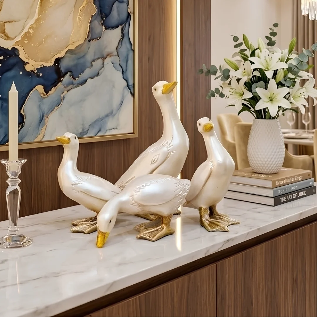 resin-duck-sculpture-set-2.webp Duck Family Figurine Set Gold White Finish - Image 1