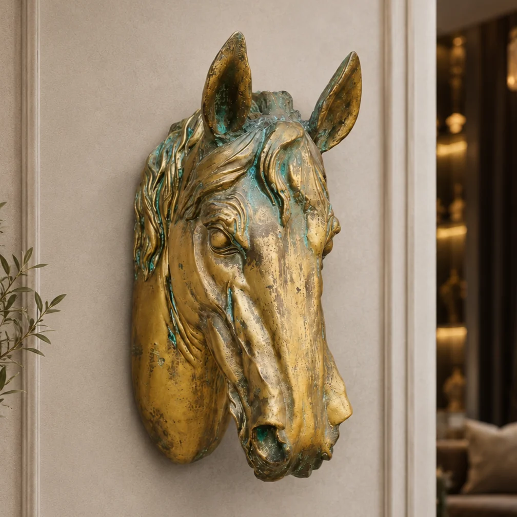 resin-equestrian-wall-art-2.webp Horse Head Sculpture Antique Golden Finish - Image 1
