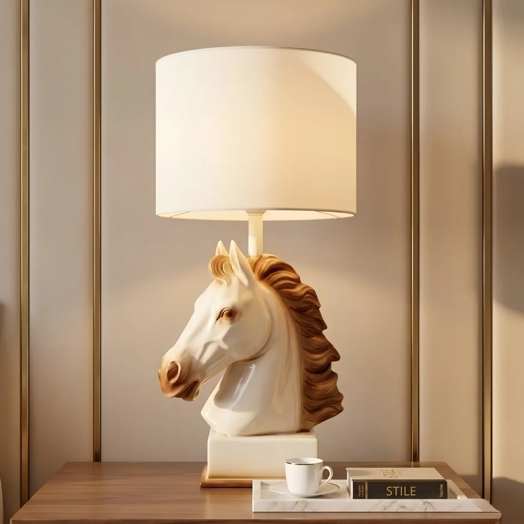 resin-stallion-lamp-with-white-shade-2.webp Horse Head Lamp White Gold - Image 1