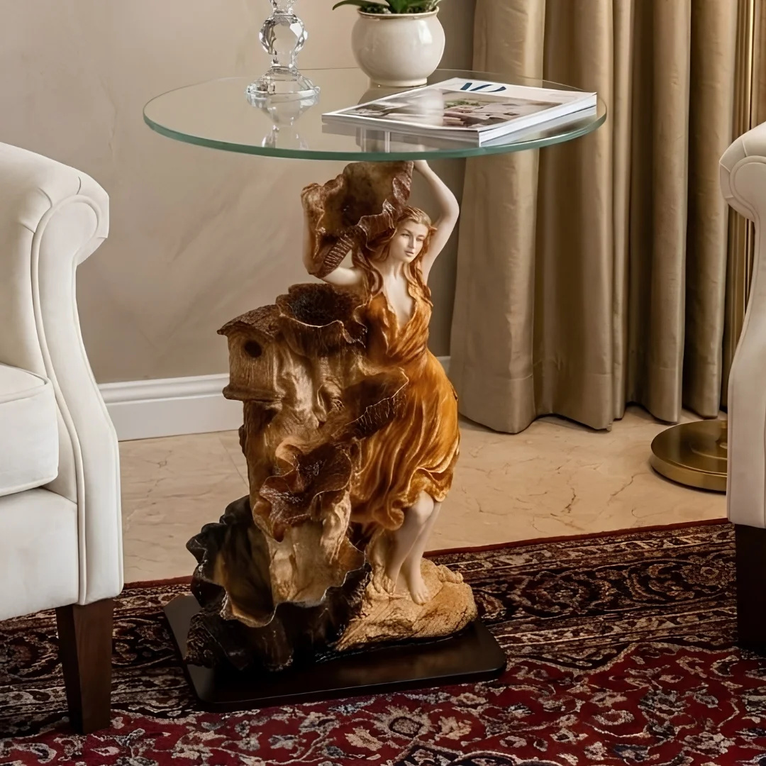 seashell-lady-accent-table-3.webp Lady Figurine Glass Top Side Table Antique Bronze - Image 1