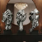 See Hear Speak No Evil Abstract Face Statues Antique Silver