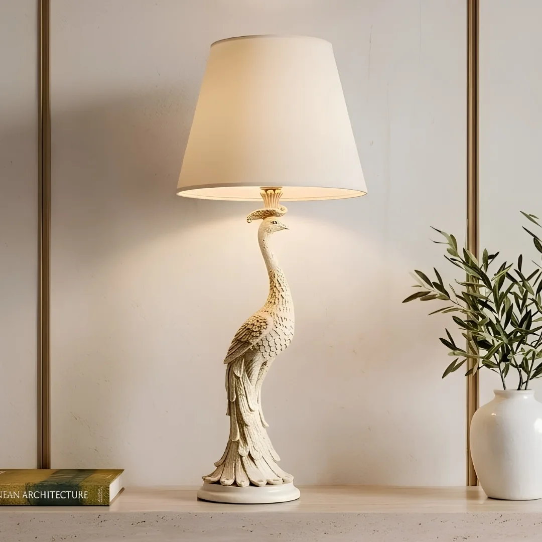 white-resin-peacock-decorative-lamp-2.webp Peacock Table Lamp Cream White Finish - Image 1